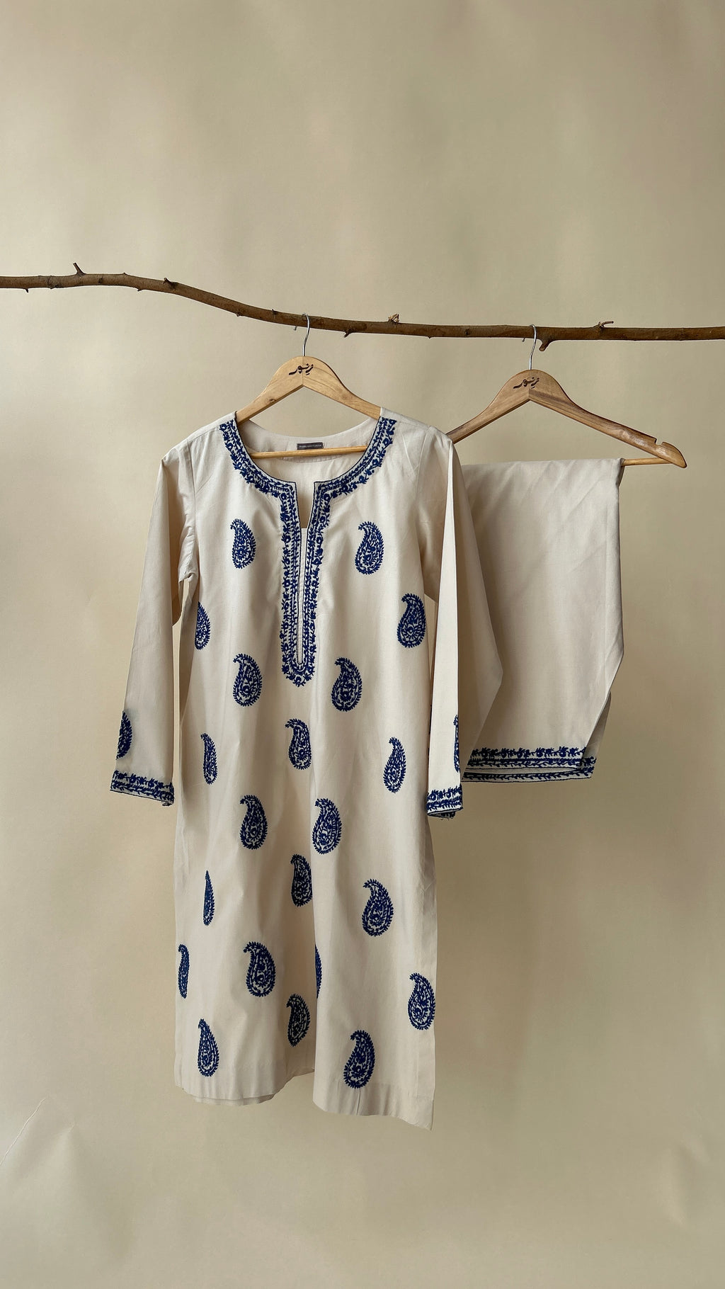 Beige Suit With Blue Embroidery