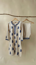 Beige Suit With Blue Embroidery