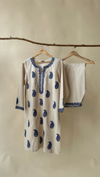 Beige Suit With Blue Embroidery