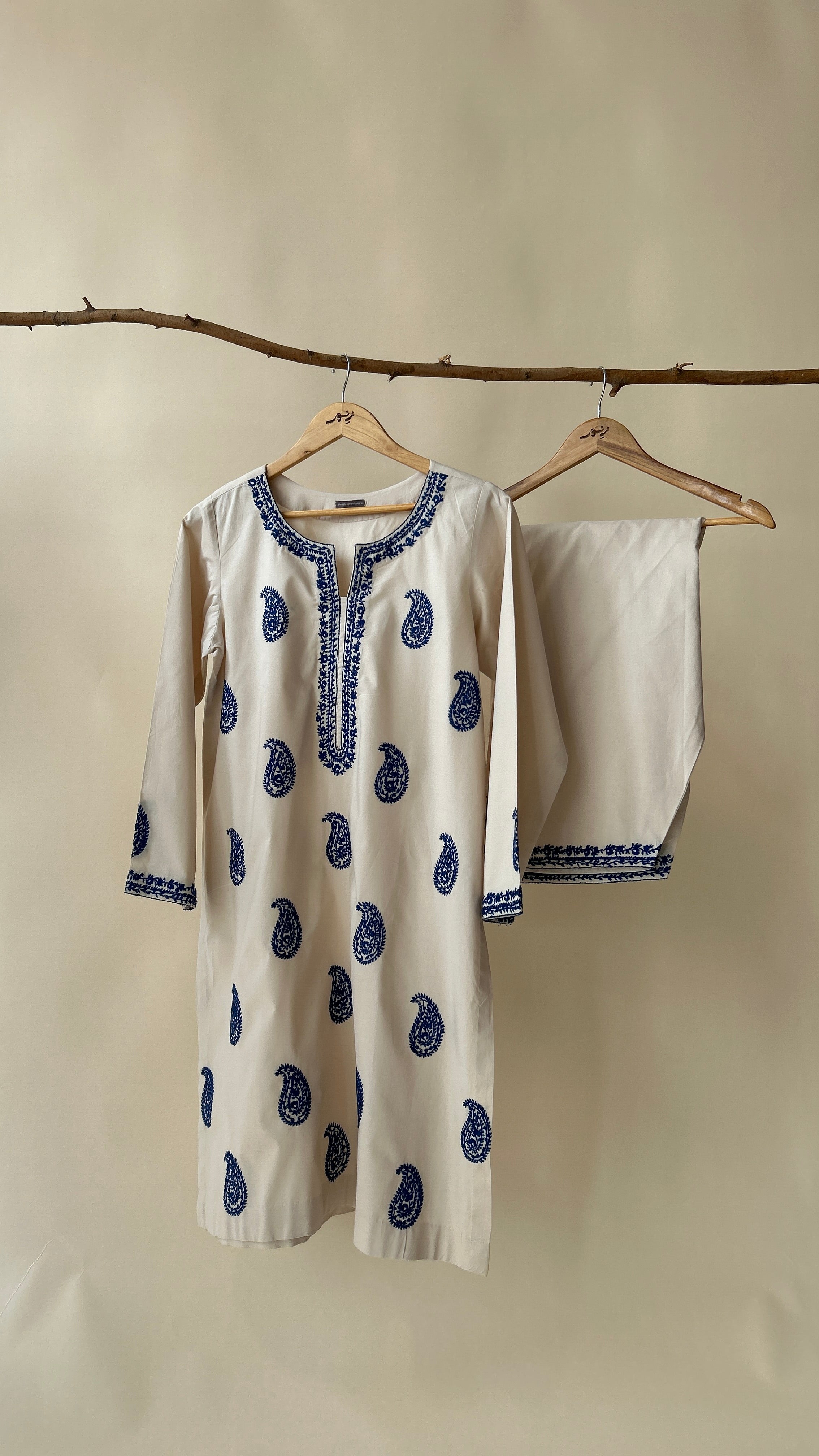 Beige Suit With Blue Embroidery